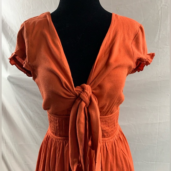Boho Rust Tie Front Ruffle Hem Dress* - Picture 7 of 9
